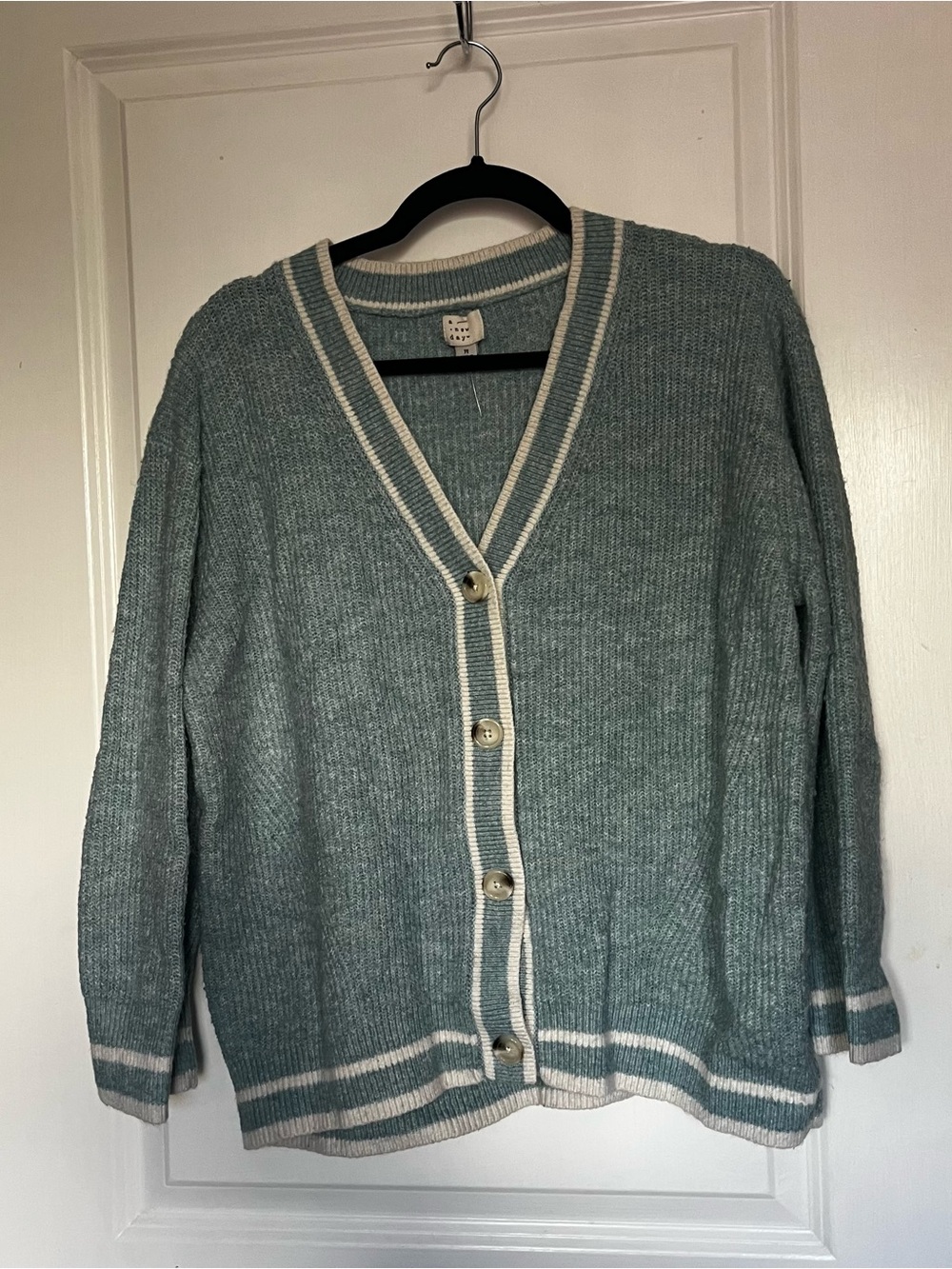 a new day Seafoam Green Button‑Front Cardigan with Cream Trim